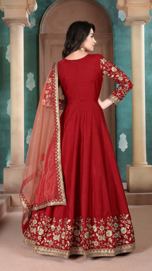 Red Embroidered Adda Silk Semi Stitched Anarkali Suit