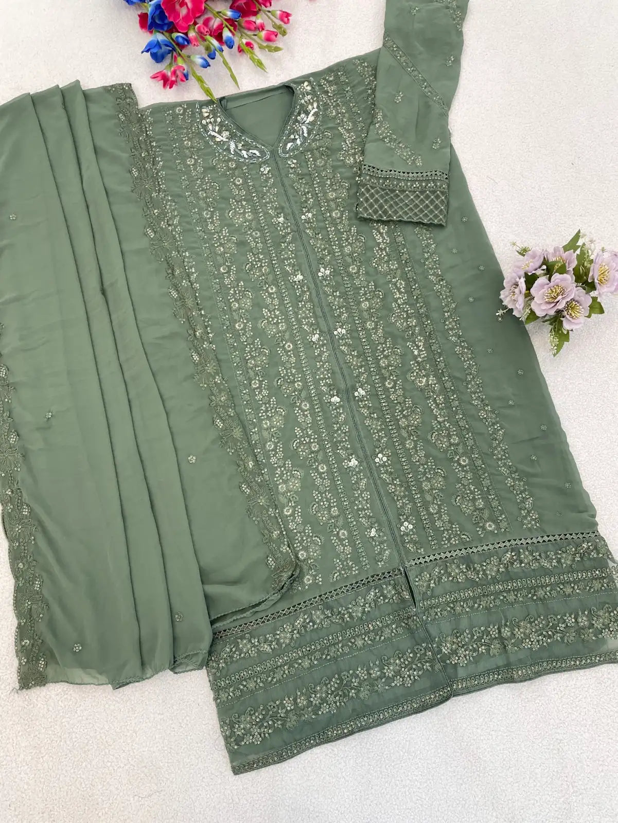 Teal Green Fox Georgette Semi Stiutched Suit with Embroidery Sequenc & Khatli Work