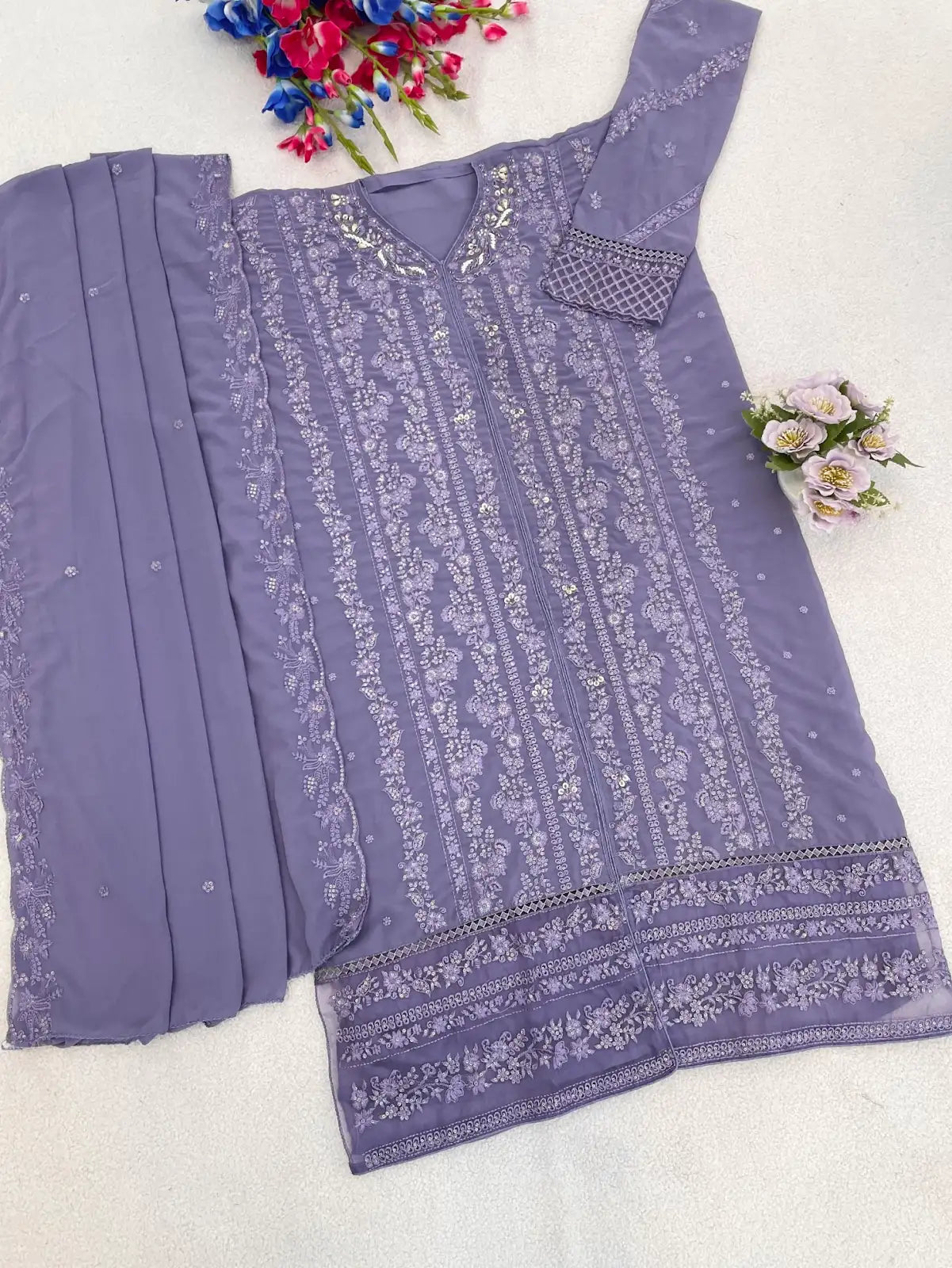 Lavender Fox Georgette Semi Stiutched Suit with Embroidery Sequenc & Khatli Work