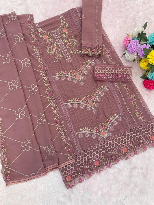 Peach Fox Georgette Semi Stiutched Suit with Embroidery Sequenc & Khatli Work