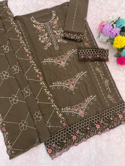 Mehendi Fox Georgette Semi Stiutched Suit with Embroidery Sequenc & Khatli Work