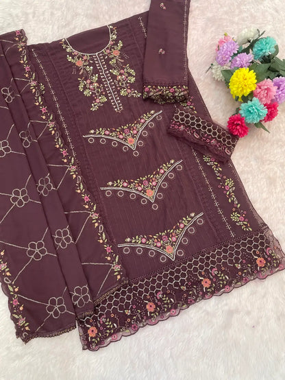 Purple Fox Georgette Semi Stiutched Suit with Embroidery Sequenc & Khatli Work