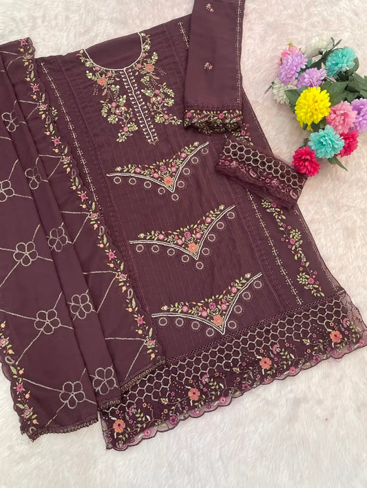 Purple Fox Georgette Semi Stiutched Suit with Embroidery Sequenc & Khatli Work