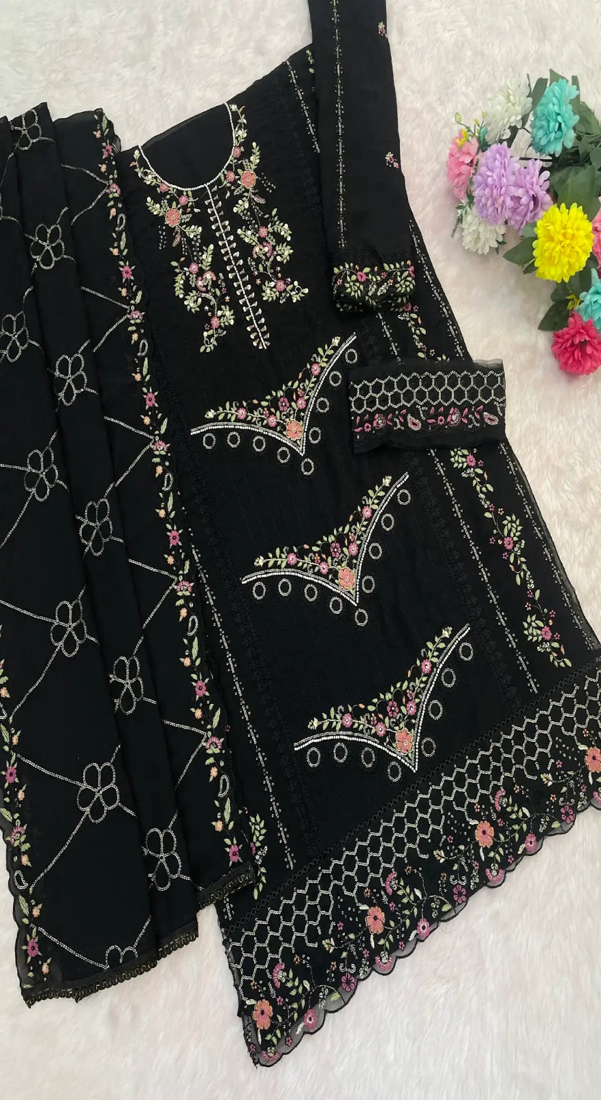 Black Fox Georgette Semi Stiutched Suit with Embroidery Sequenc & Khatli Work