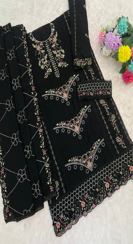 Black Fox Georgette Semi Stiutched Suit with Embroidery Sequenc & Khatli Work