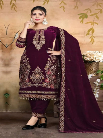 Maroon Velvet Semi Stitched Suit with Embroidery & Zarkan Work