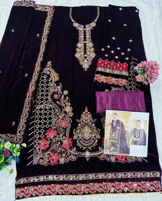 Maroon Velvet Semi Stitched Suit with Embroidery & Zarkan Work