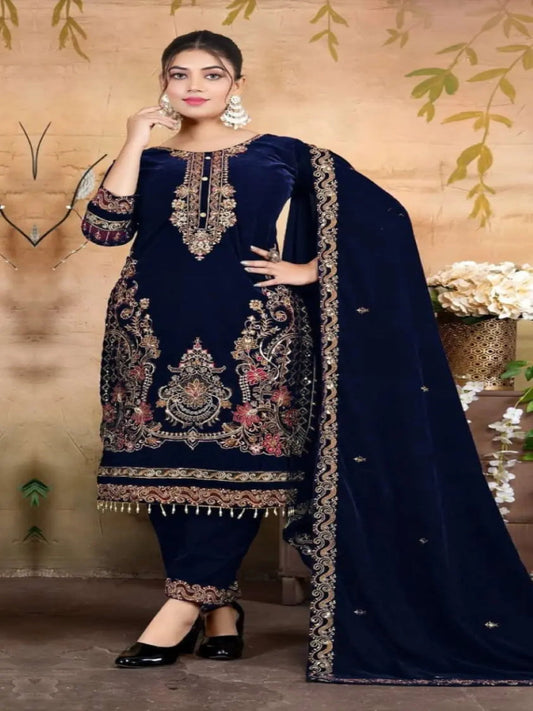 Navy Blue Velvet Semi Stitched Suit with Embroidery & Zarkan Work
