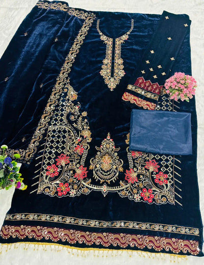 Navy Blue Velvet Semi Stitched Suit with Embroidery & Zarkan Work