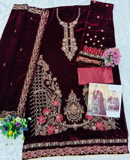 Red Velvet Semi Stitched Suit with Embroidery & Zarkan Work