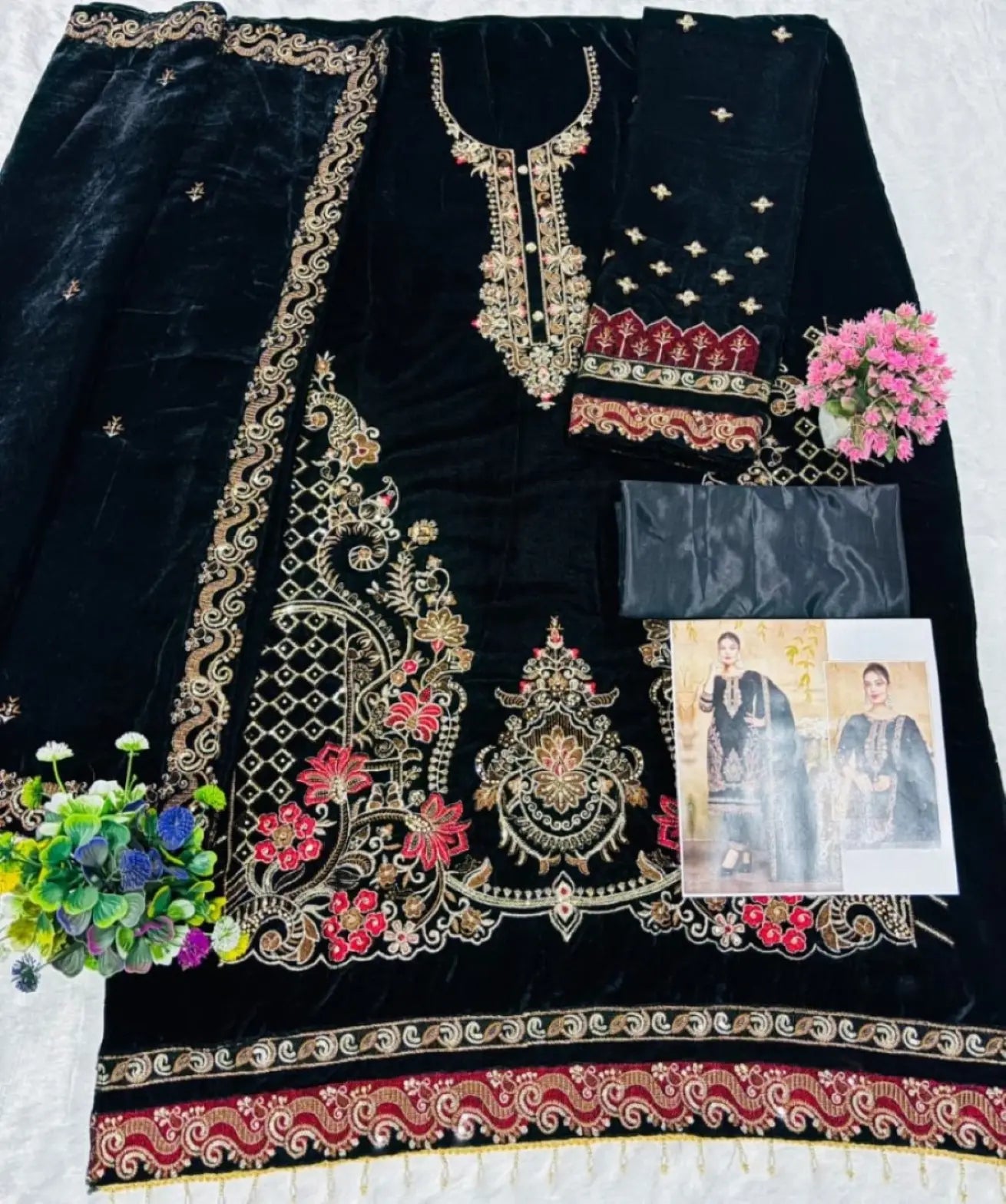 Black Velvet Semi Stitched Suit with Embroidery & Zarkan Work