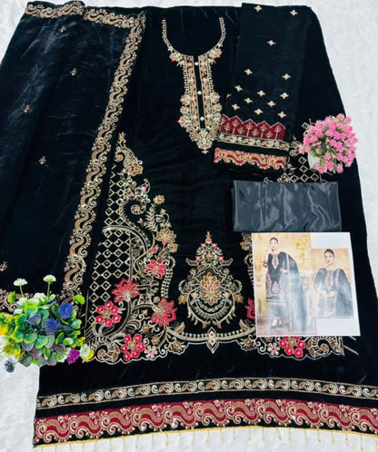 Black Velvet Semi Stitched Suit with Embroidery & Zarkan Work