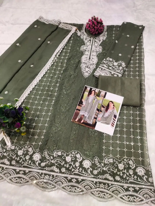 Green Silk Semi Stitched Suit with Embroidery Sequence Work