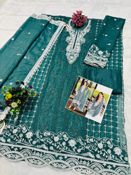 Blue Silk Semi Stitched Suit with Embroidery Sequence Work