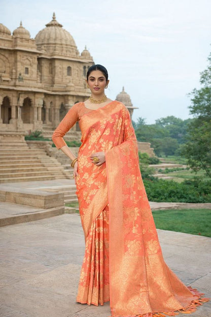 Peach Color Ethnic Crepe Silk Fabric Woven Jacquard Designer Ceremonial Saree