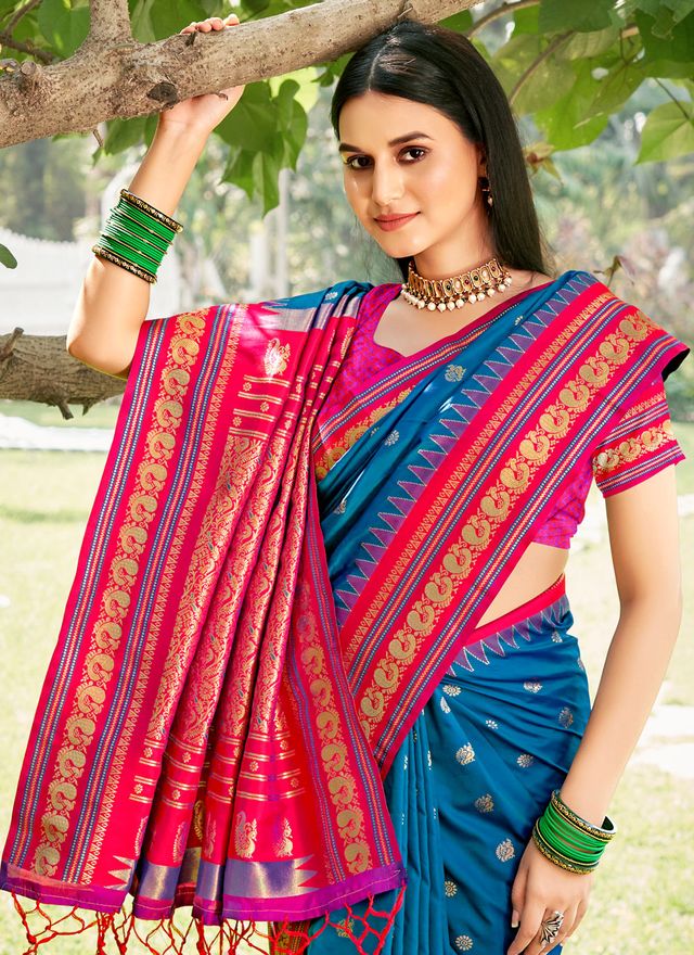 Blue Color Beautiful Woven Designer Soft Silk Fabric Saree