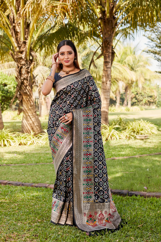 Black Woven Design Pure Gharchola Bhandhej Silk Saree With Blouse
