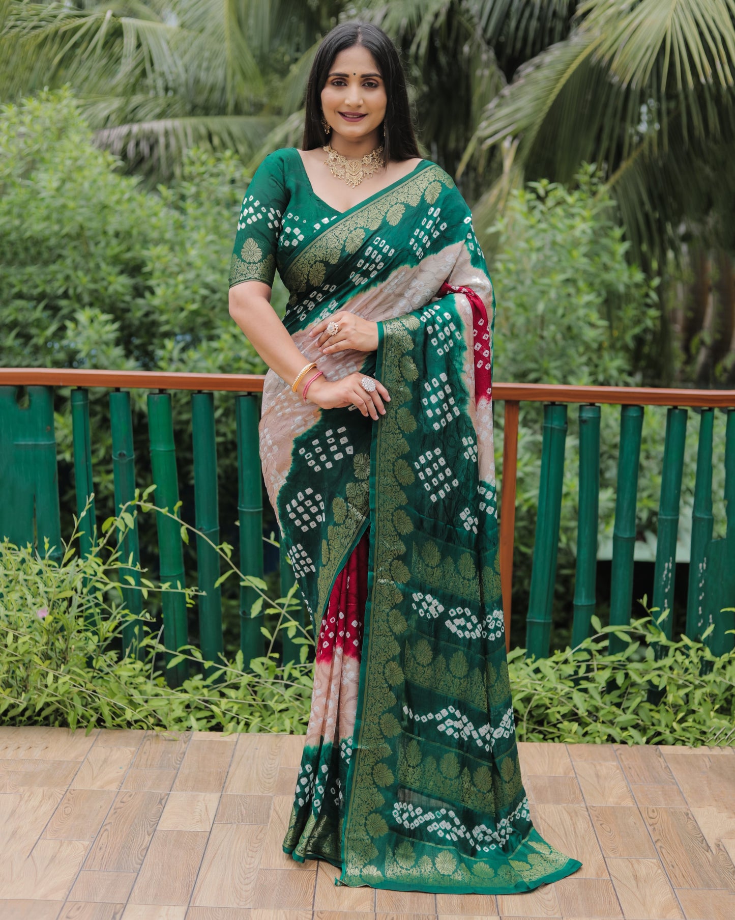 Light brown Woven Design Pure Bandhej Soft Silk Saree