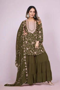 Women's Fox Georgette fabric Embroidery work Kurta with Sharara and Dupatta set 71 Mehndi