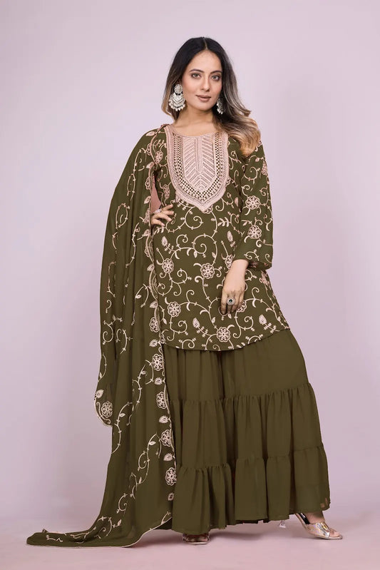 Women's Fox Georgette fabric Embroidery work Kurta with Sharara and Dupatta set 71 Mehndi