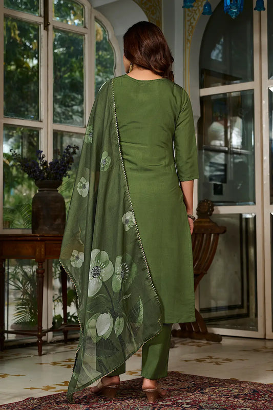Women's Gorgeous Embroidery Viscose Chanderi Fabric Straight Kurta, Pant and Dupatta Set 125