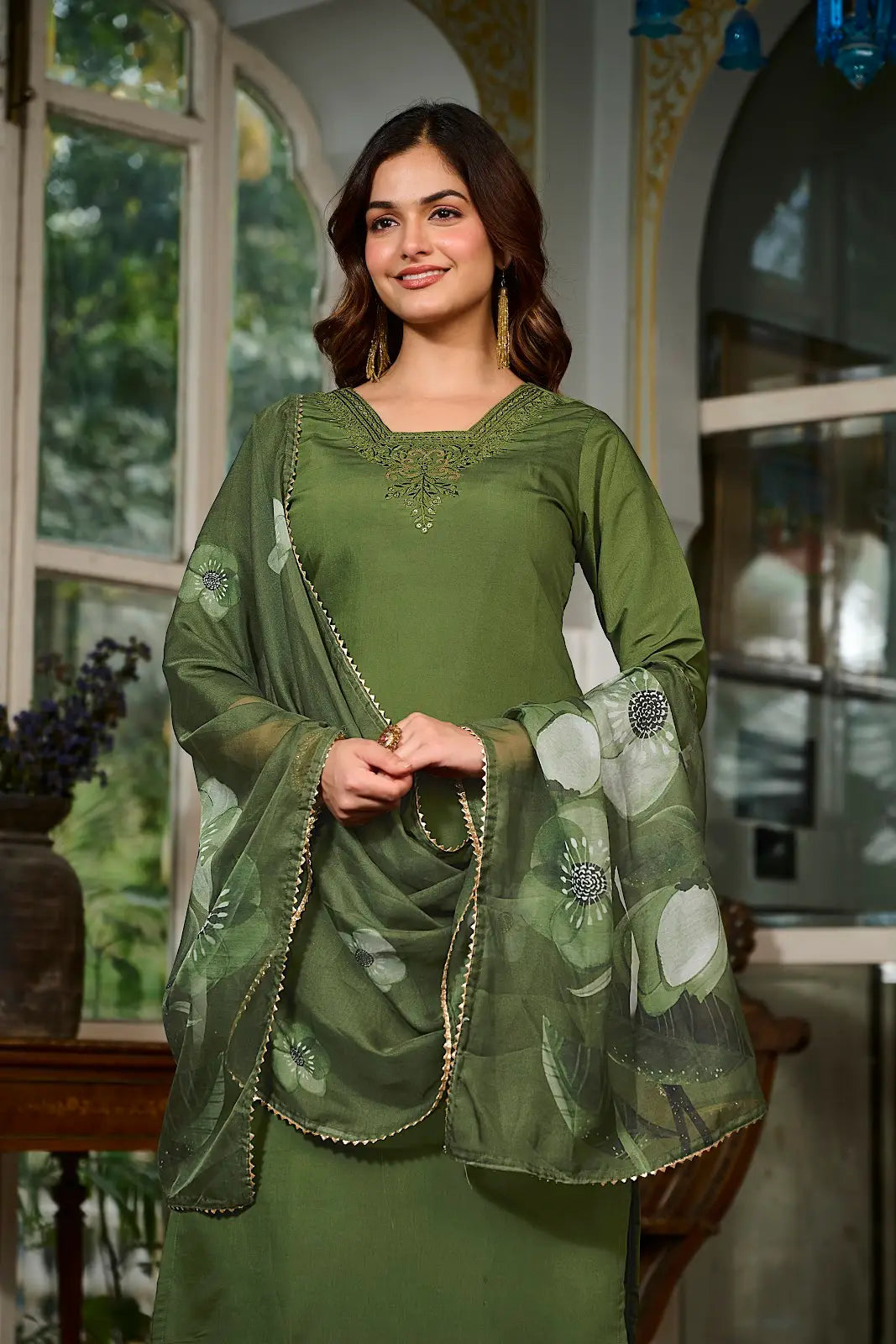 Women's Gorgeous Embroidery Viscose Chanderi Fabric Straight Kurta, Pant and Dupatta Set 125
