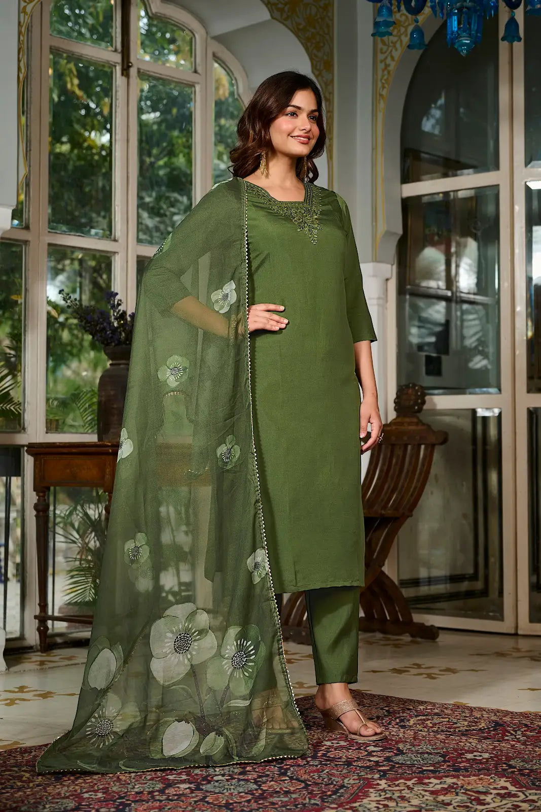 Women's Gorgeous Embroidery Viscose Chanderi Fabric Straight Kurta, Pant and Dupatta Set