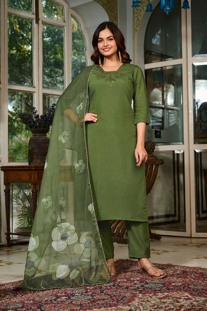 Women's Gorgeous Embroidery Viscose Chanderi Fabric Straight Kurta, Pant and Dupatta Set 125