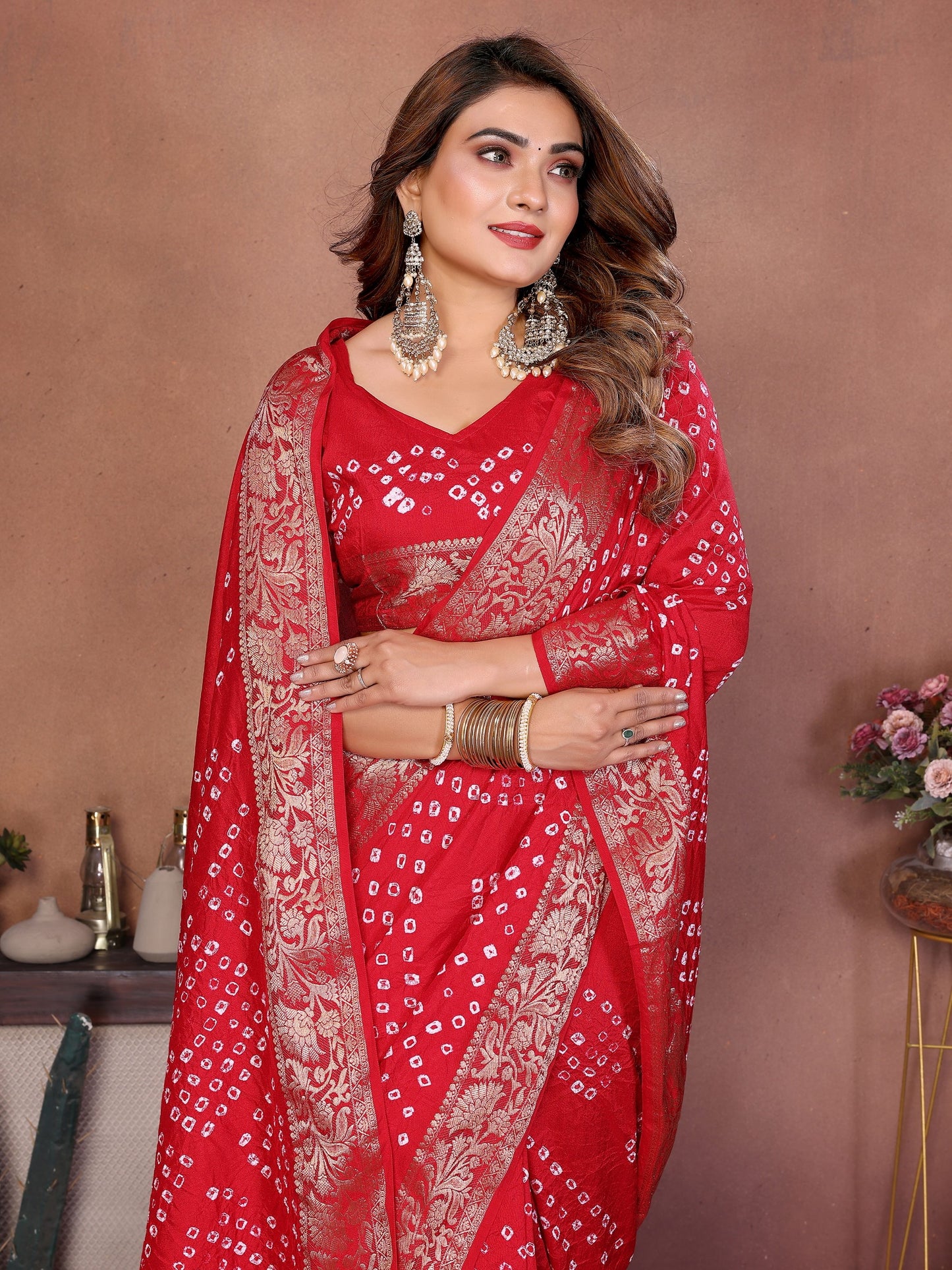 Red Handmade Bhandhej Viscos Silk Saree With Blouse