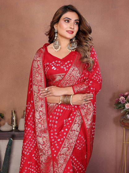 Red Handmade Bhandhej Viscos Silk Saree With Blouse