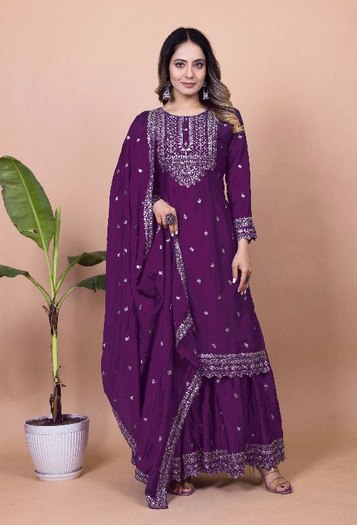 Women's Chinon fabric Embroidery work Kurta with Sharara and Dupatta set