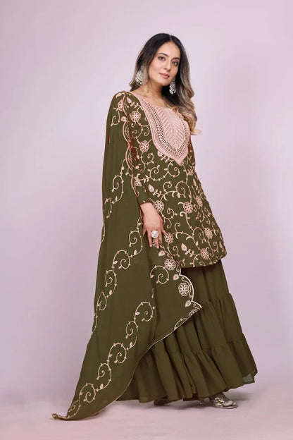 Women's Fox Georgette fabric Embroidery work Kurta with Sharara and Dupatta set 71 Mehndi