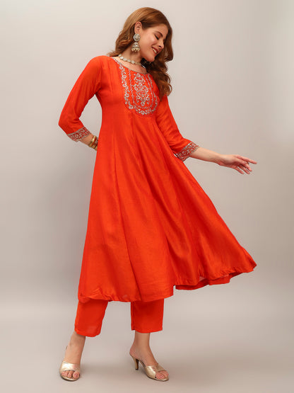 Embroidered Vichitra Silk Fabric Straight Kurta, Pant and Dupatta Set 618 Orange