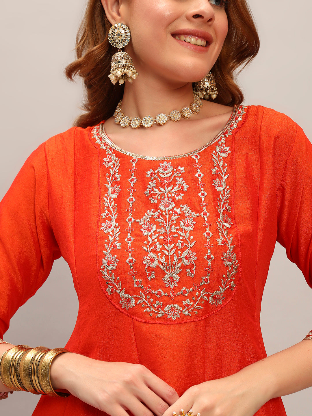 Embroidered Vichitra Silk Fabric Straight Kurta, Pant and Dupatta Set 618 Orange
