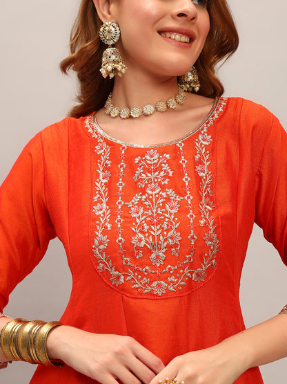 Embroidered Vichitra Silk Fabric Straight Kurta, Pant and Dupatta Set 618 Orange