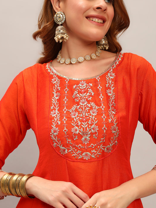 Embroidered Vichitra Silk Fabric Straight Kurta, Pant and Dupatta Set 618 Orange