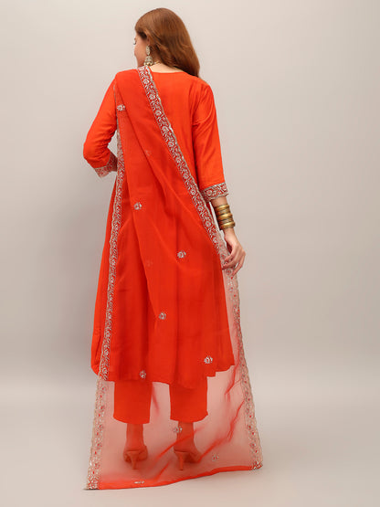 Embroidered Vichitra Silk Fabric Straight Kurta, Pant and Dupatta Set 618 Orange