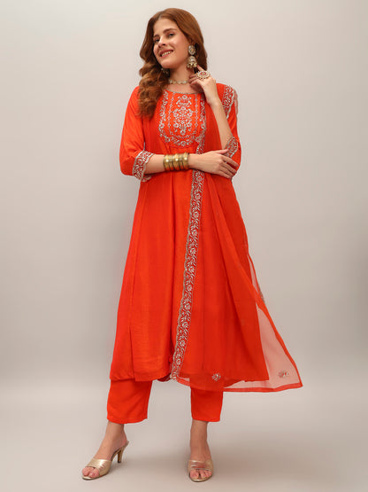 Embroidered Vichitra Silk Fabric Straight Kurta, Pant and Dupatta Set 618 Orange