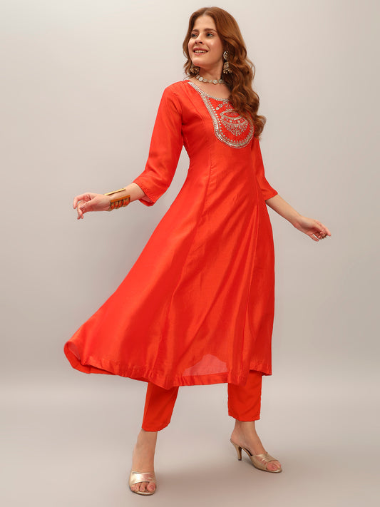 Women's Orange Embroidered Vichitra Silk Fabric Straight Kurta, Pant and Dupatta Set 658 Orange