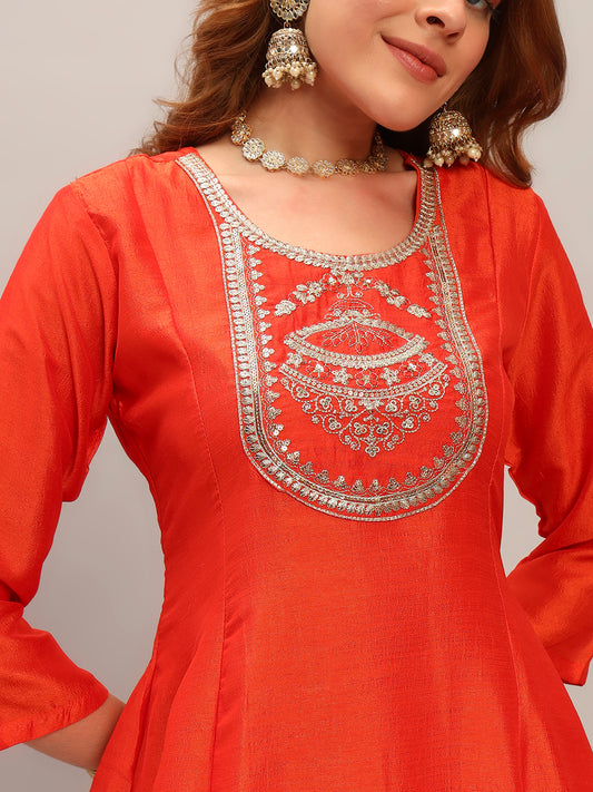 Women's Orange Embroidered Vichitra Silk Fabric Straight Kurta, Pant and Dupatta Set 658 Orange