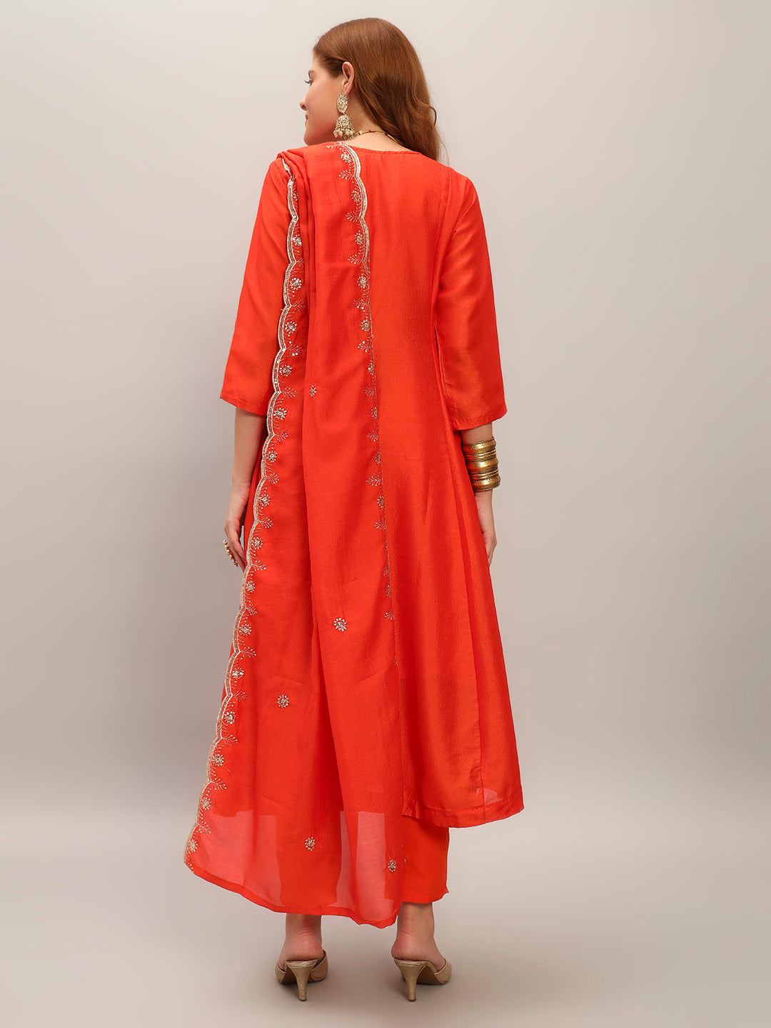 Women's Orange Embroidered Vichitra Silk Fabric Straight Kurta, Pant and Dupatta Set 658 Orange