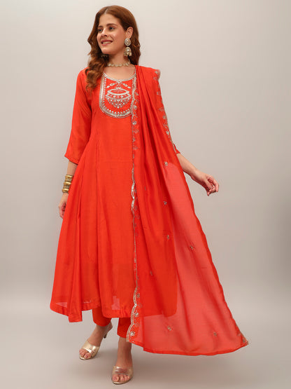 Women's Orange Embroidered Vichitra Silk Fabric Straight Kurta, Pant and Dupatta Set 658 Orange