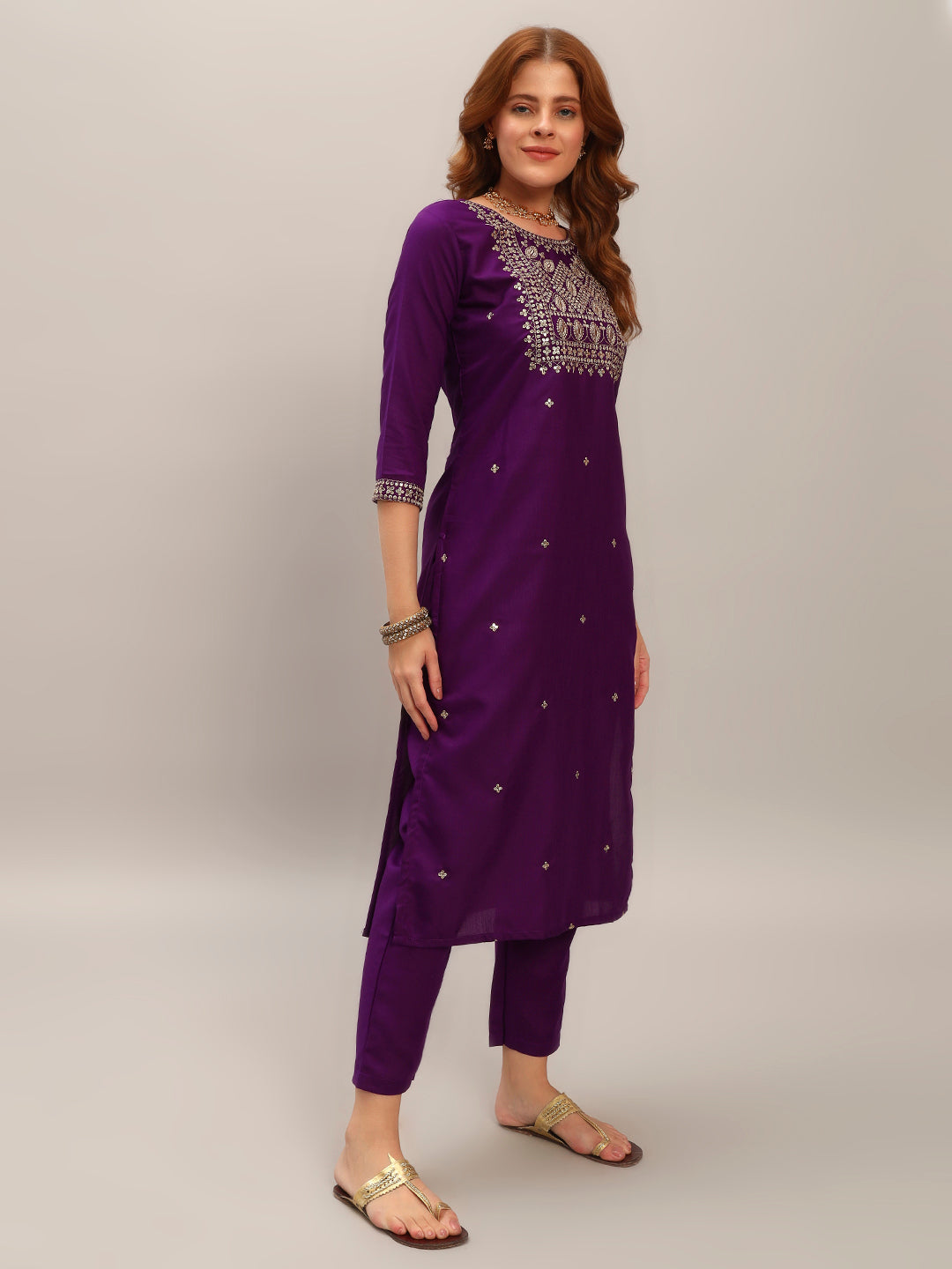 Women's Gorgeous Viscose Rayon Embroidery Straight Kurta with Pant And Dupatta Set Purple 3915