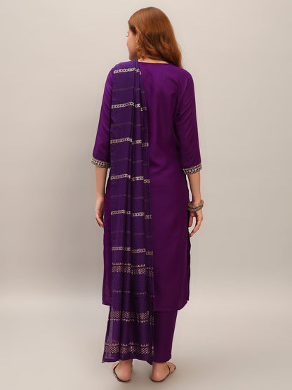 Women's Gorgeous Viscose Rayon Embroidery Straight Kurta with Pant And Dupatta Set Purple 3915
