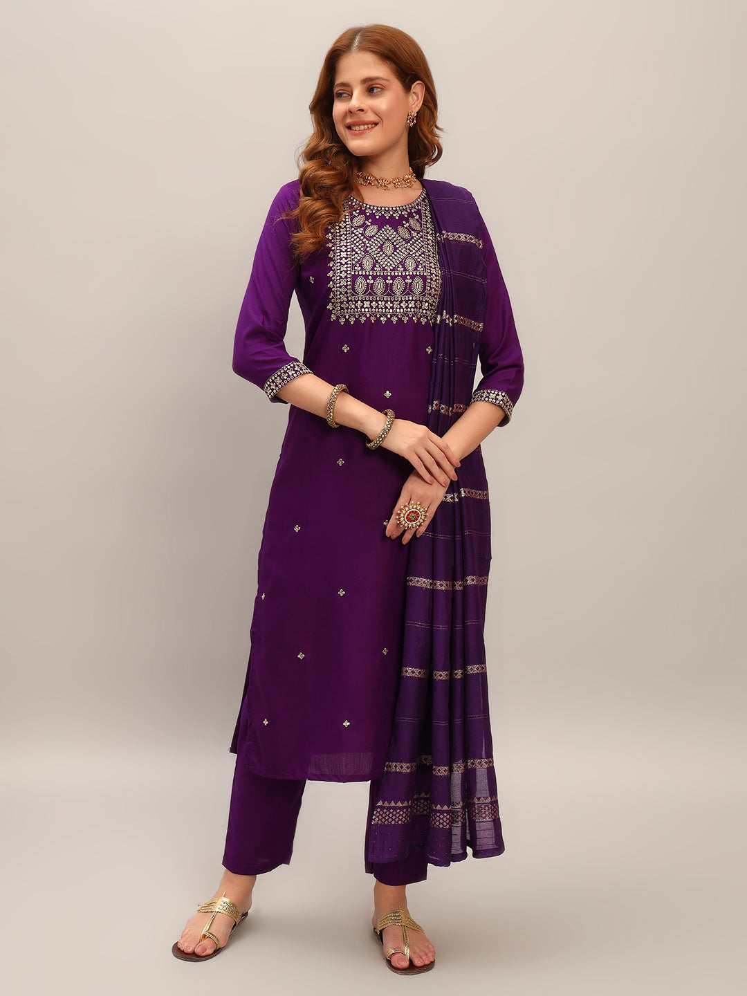 Women's Gorgeous Viscose Rayon Embroidery Straight Kurta with Pant And Dupatta Set Purple 3915