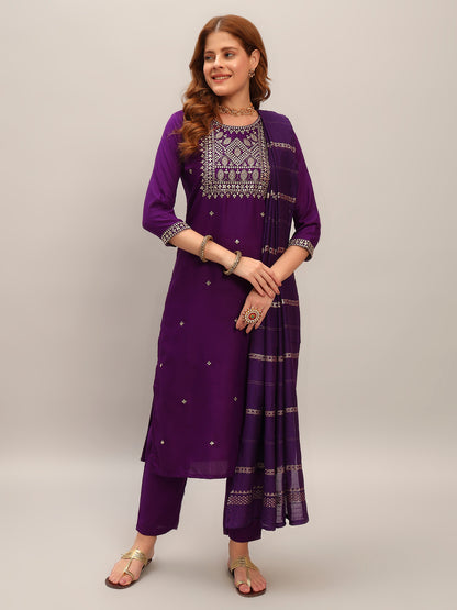 Women's Gorgeous Viscose Rayon Embroidery Straight Kurta with Pant And Dupatta Set Purple 3915
