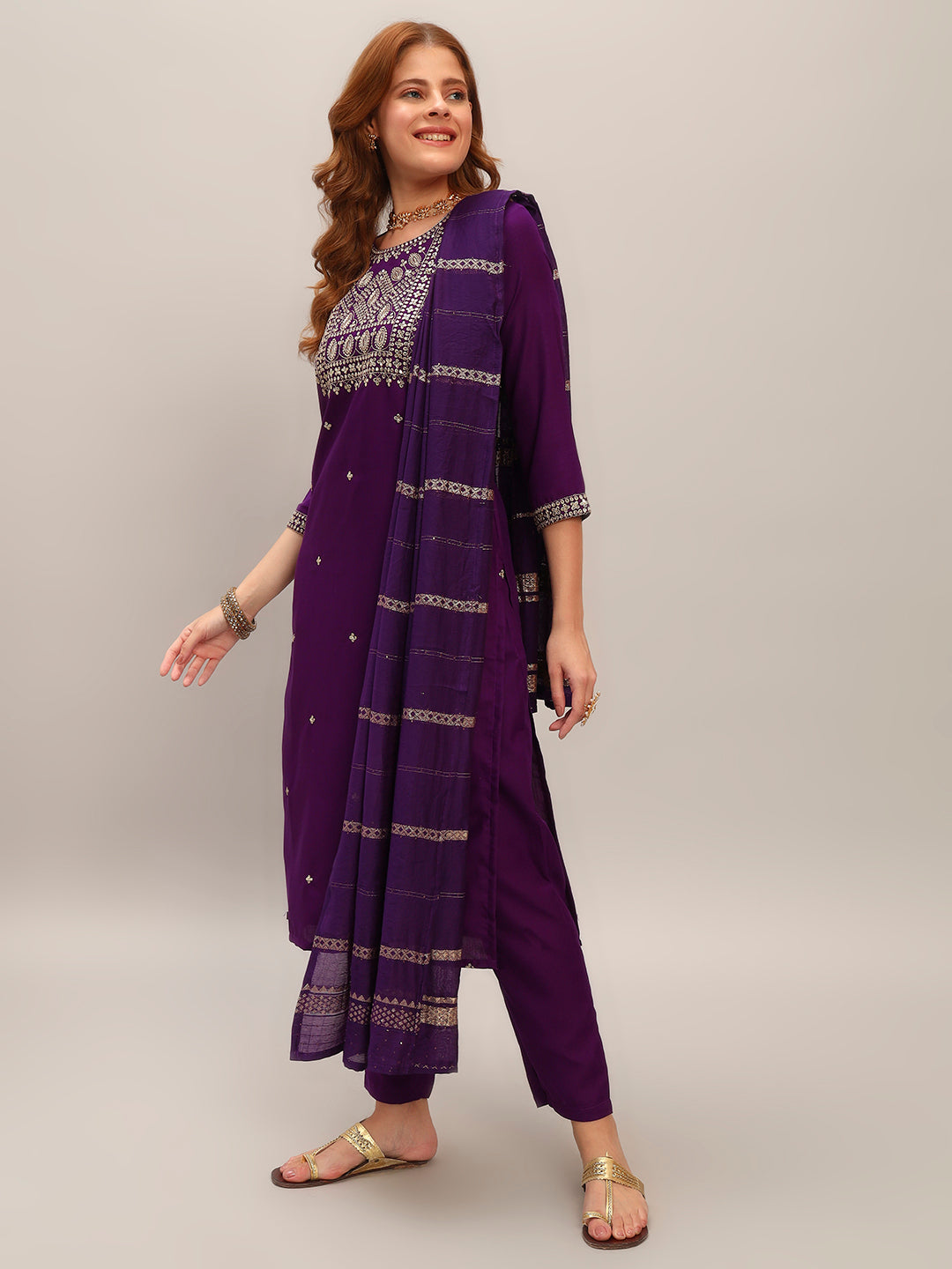 Women's Gorgeous Viscose Rayon Embroidery Straight Kurta with Pant And Dupatta Set Purple 3915