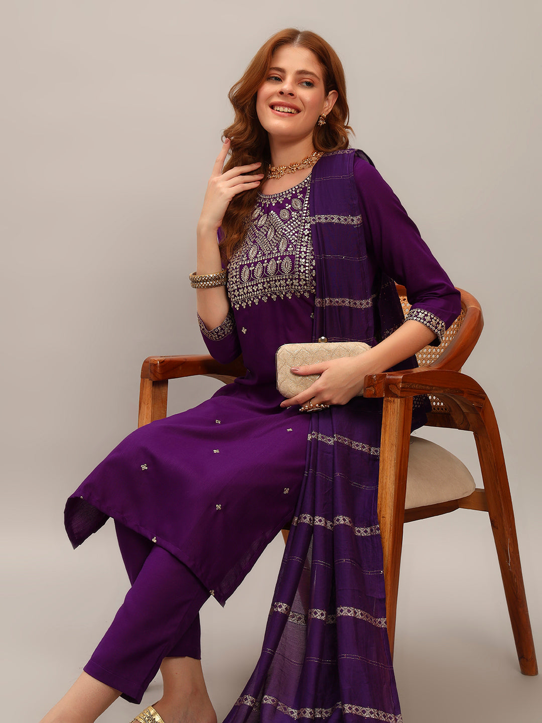 Women's Gorgeous Viscose Rayon Embroidery Straight Kurta with Pant And Dupatta Set Purple 3915