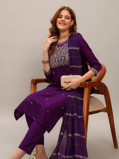 Women's Gorgeous Viscose Rayon Embroidery Straight Kurta with Pant And Dupatta Set Purple 3915