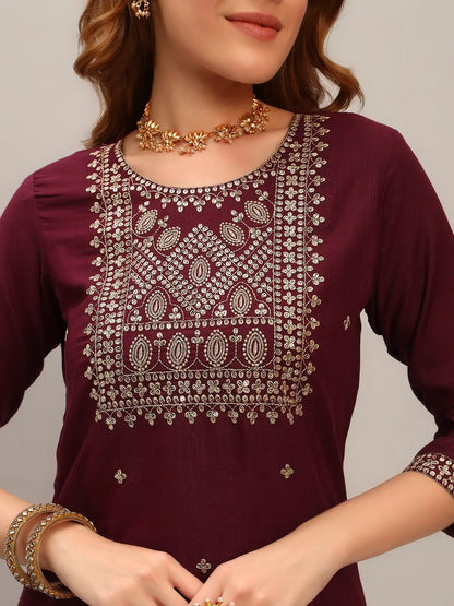 Women's Gorgeous Viscose Rayon Embroidery Straight Kurta with Pant And Dupatta Set Wine 3919
